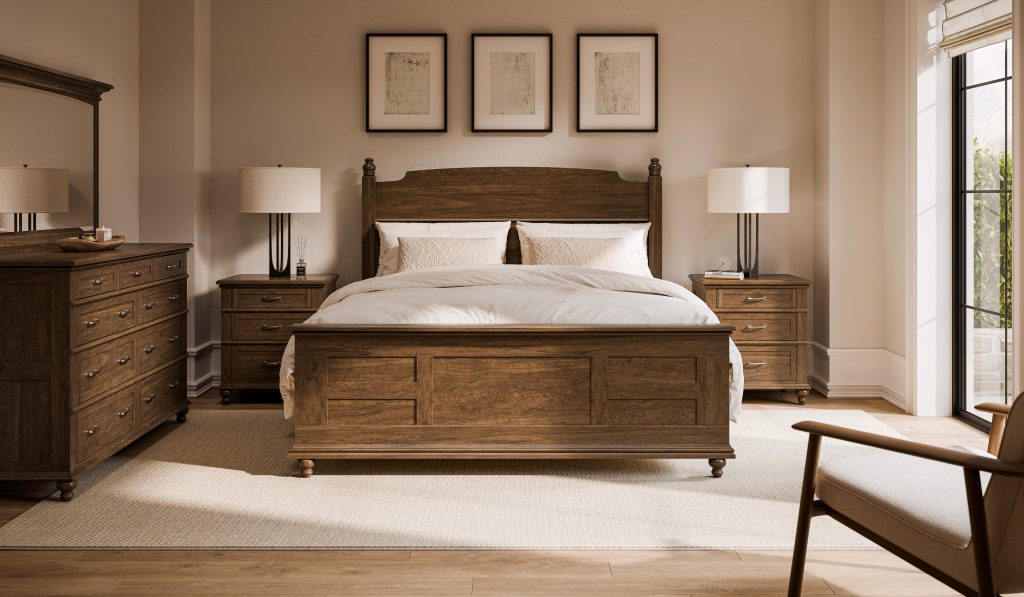 Elite Woodworking-Plymouth-Bun Foot-Collection-Room Setting-Sap Cherry-Cappuccino