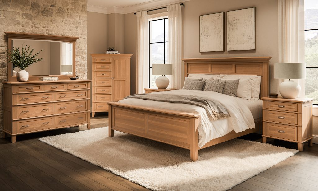 Elite Woodworking-Plymouth-Splay Base-Collection-Room Setting-QSWO-Seashell