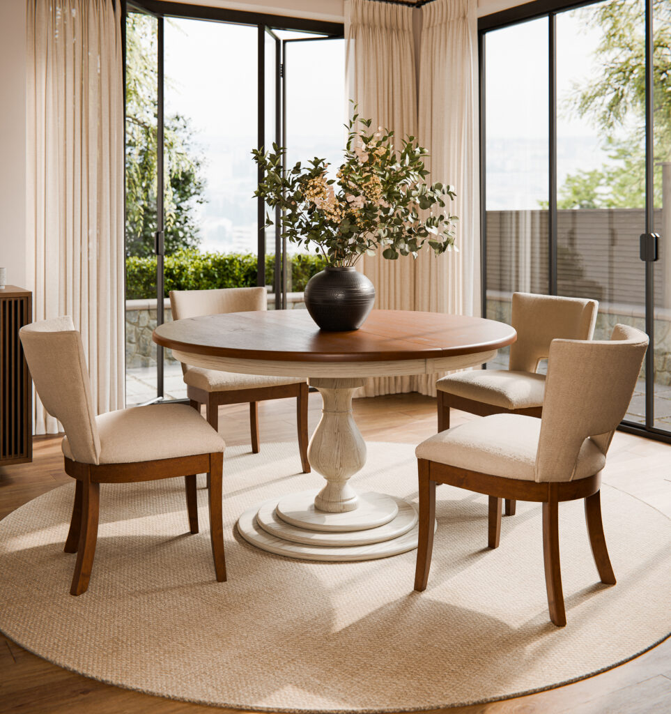 Kidron Tables-Globe-Quail-Room Setting-Brown Maple-OCS-Asbury-White Oak-White Glaze-PROOF